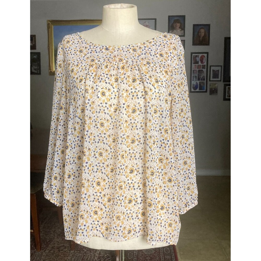 Lucky Brand Women M Floral Boho Blouse 3/4 Sleeve Peasant Top Yellow Boho Flowy